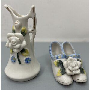 Mini Miniature Vase Pitcher Shoes Porcelain White Floral Flower Made in Japan
